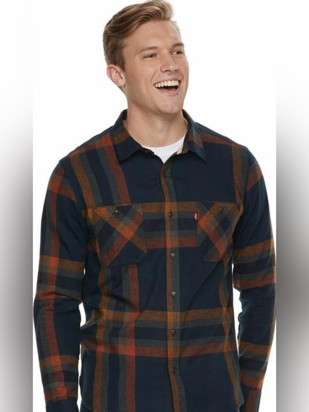 Levi's Mens XXL Abbotts Button Down Shirt Navy/Orange Flannel Fabric Long-Sleeve